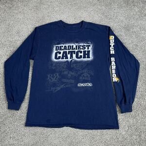 Deadliest Catch Shirt Mens Large Blue Long Sleeve Dutch Harbor Alaska Graphic